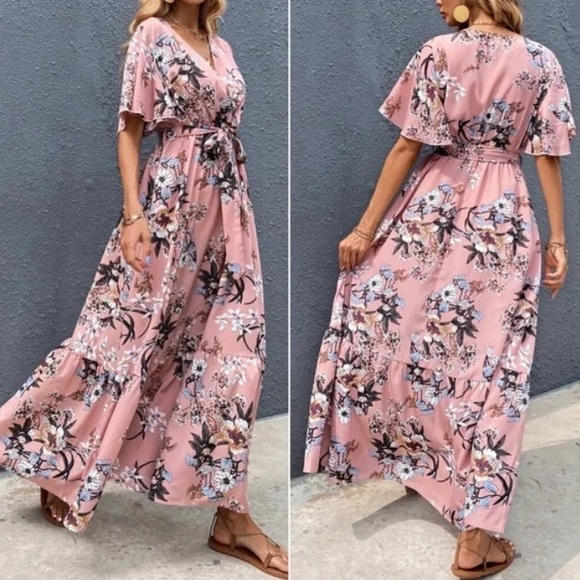 Boho Pink Floral Print Butterly Sleeve Belted Maxi Dress - Picture 3 of 4